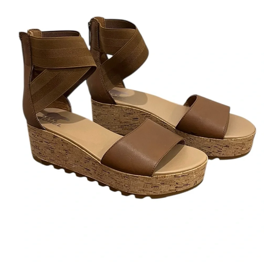 SOREL CAMERON CORK BROWN LEATHER ANKLE WRAP PLATFORM SANDALS VERY GOOD COND (9)